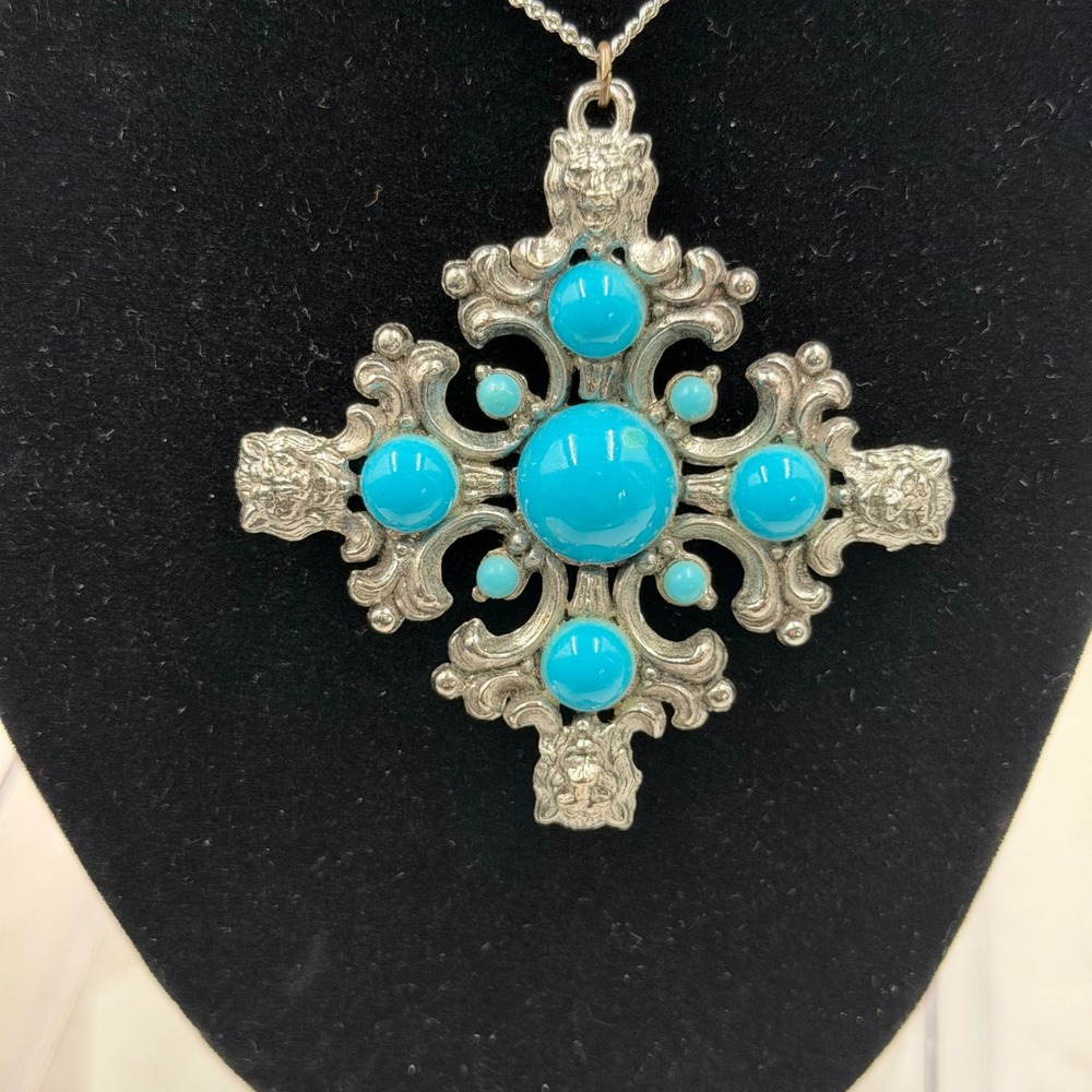 Vintage Silver Tone Lion Head Cross Pendant Faux Turquoise Cabochon Necklace